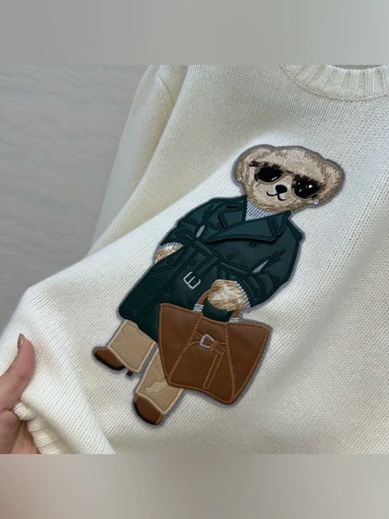 Polo by Ralph Lauren Cream Crewneck Sweater with Bear Patch - Picture 5 of 8